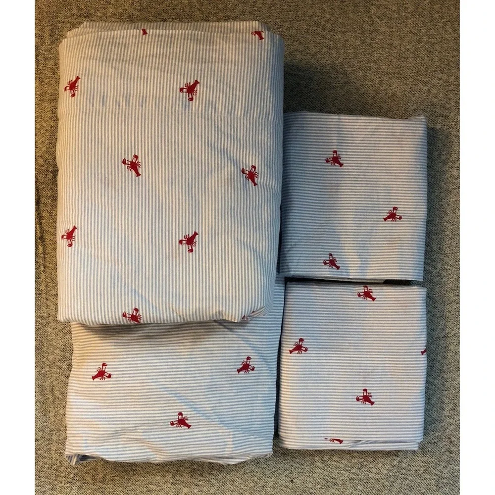 Nautica Queen Sheet Set Lobster Blue Stripe Beach 4 Piece Set